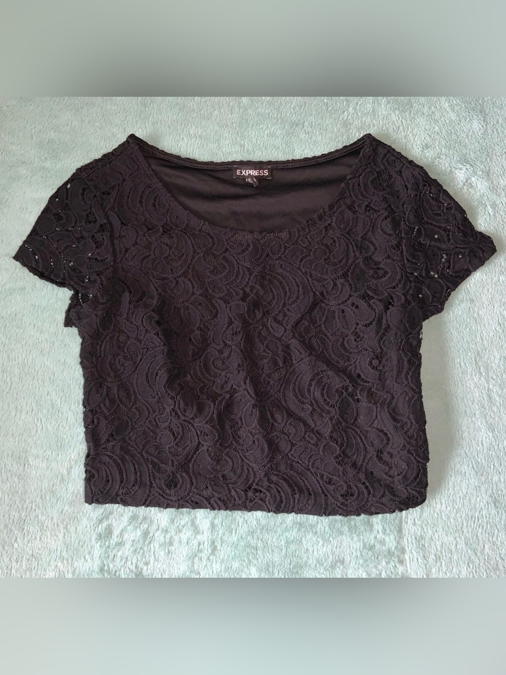 Express Women's Black Lace Cropped Top Size XS Sheer Short Sleeve Blouse
